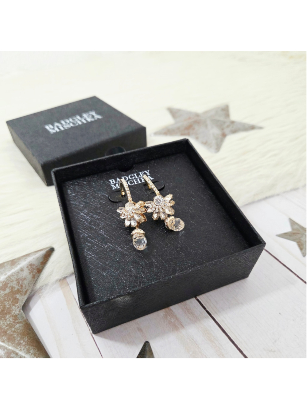 Badgley Mischka crystal floral cluster drop earrings gold dangle new NWT - Picture 2 of 5